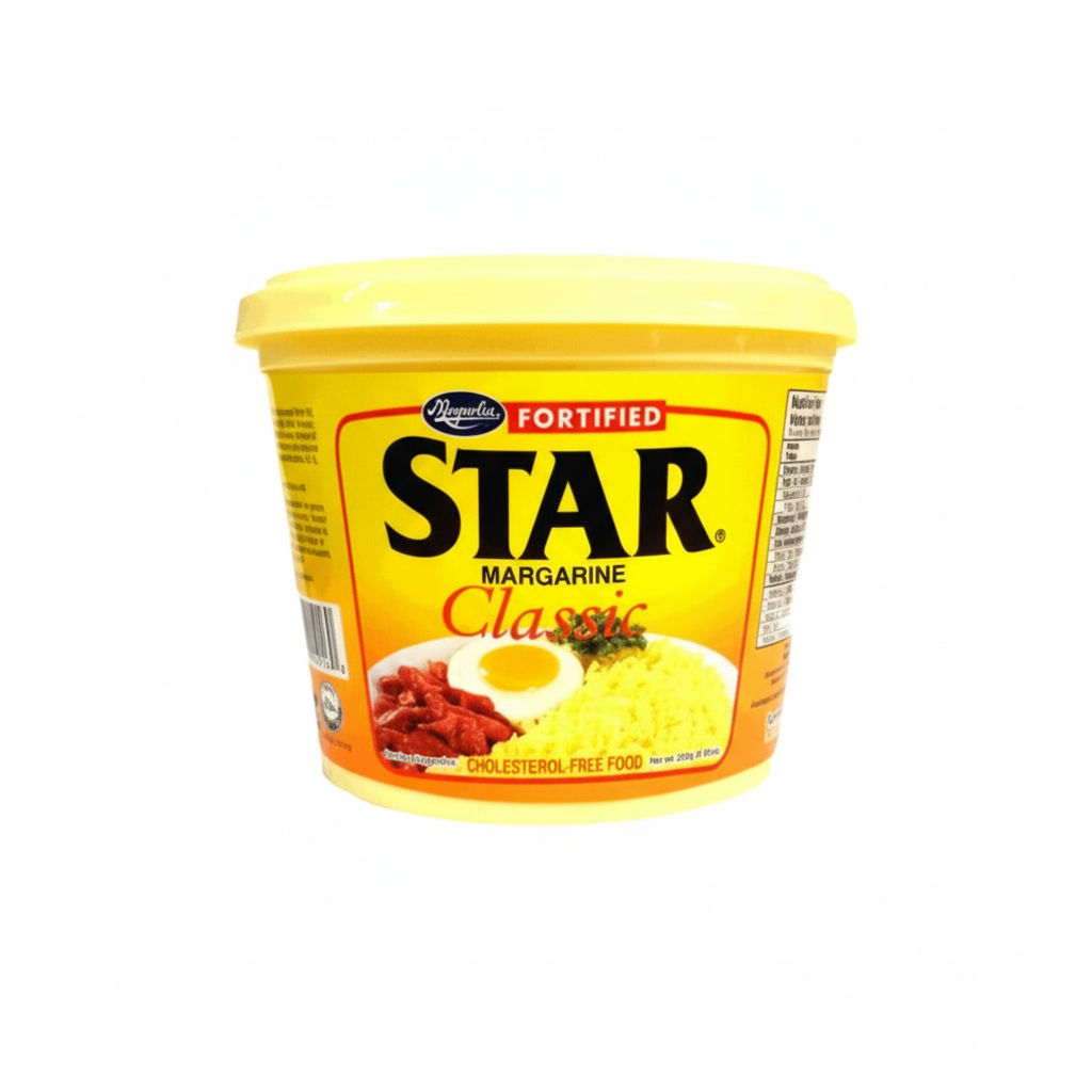 Star margarine container with yellow lid on a white background